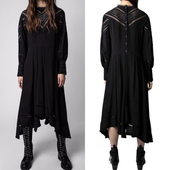 Zadig & Voltaire Rozyl Silk Lace Insert Asymmetrical Hem Midi Dress - Small - Picture 1 of 13